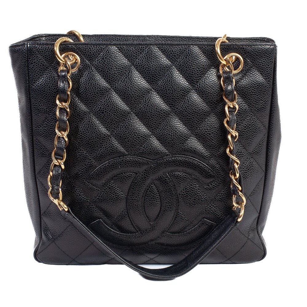 Authentic Vintage Chanel Caviar Quilted Black Leather Petit Shopping Tote Bag